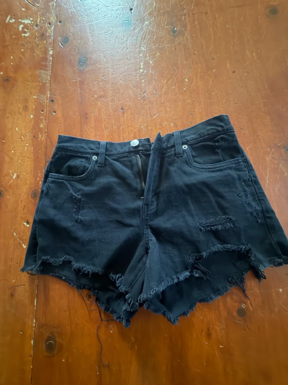 aerie Black Distressed High-Rise Denim Shorts